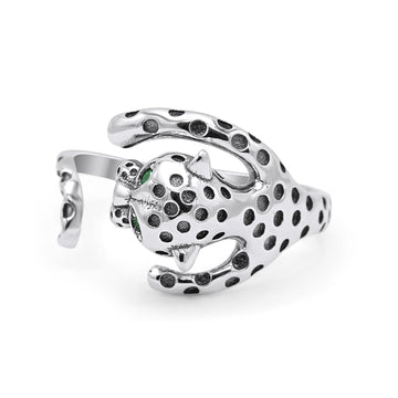 Antique Oxidized Finish Cheetah Head Design Panther Eyes Adjustable Fashion Band Thumb Ring